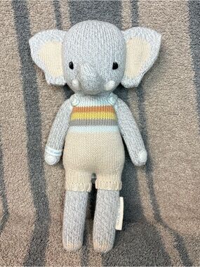 Cuddle + Kind Evan Elephant Handknit Grey Plush Doll with Stripe Overalls